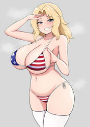  alternate_breast_size american_flag american_flag_bikini american_flag_print bikini blonde_hair blue_eyes breast_hold breasts commentary cowboy_shot curvy female flag_print girls_und_panzer grey_background grin hair_intakes highres huge_breasts kay_(girls_und_panzer) long_hair looking_at_viewer navel print_bikini salute side-tie_bikini_bottom simple_background skindentation sleeptopi smile solo stomach striped_bikini striped_clothes swimsuit teeth thighhighs thighs white_thighhighs wide_hips 