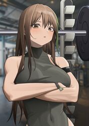  alter_sang armband bare_shoulders black_armband black_leotard blurry blurry_background blush bodysuit bracelet breasts brown_eyes brown_hair character_name commentary covered_navel cowboy_shot crossed_arms exercise_machine female girls&#039;_frontline green_hair griffin_&amp;_kryuger gym highres jewelry leotard leotard_sweater long_hair looking_at_viewer m4a1_(girls&#039;_frontline) medium_breasts multicolored_hair name_tag no_jacket parted_lips solo streaked_hair turtleneck turtleneck_leotard weights 