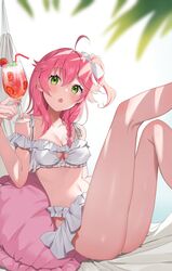  :o ahoge bikini blush braid breasts cleavage cleavage_cutout clothing_cutout cup cushion drinking_glass drinking_straw female food frilled_bikini frills fruit green_eyes hair_ribbon hammock hatsuno_xxx heart_cutout highres holding holding_cup hololive knees_up leg_up legs long_hair looking_up medium_breasts navel one_side_up open_mouth pink_hair ribbon sakura_miko sitting solo strawberry swimsuit thighs virtual_youtuber white_ribbon 