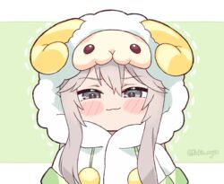  :3 animal_hood blush_stickers chibi chibi_only commentary english_commentary female grey_hair hololive hood kukie-nyan long_hair official_alternate_costume official_alternate_hairstyle sheep_hood shishiro_botan shishiro_botan_(button-down) smirk smug solo virtual_youtuber 