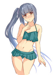  arm_at_side ass_visible_through_thighs bikini bikini_skirt blush brown_eyes collarbone commentary_request cowboy_shot female frilled_bikini frills green_bikini grey_hair groin hand_up head_tilt highres kantai_collection kasumi_(kancolle) kasumi_kai_ni_(swimsuit_mode)_(kancolle) long_hair looking_at_viewer midriff navel one-hour_drawing_challenge side_ponytail sidelocks simple_background solo standing stomach swimsuit thigh_gap umegae_ousuke very_long_hair white_background 