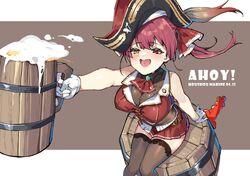  ascot bare_shoulders barrel beer_mug bicorne bodystocking breasts cleavage cup female gloves hair_ribbon hat heterochromia hololive houshou_marine houshou_marine_(1st_costume) large_breasts long_hair mug open_mouth pirate red_eyes red_hair red_ribbon ribbon see-through see-through_cleavage skirt solo thighhighs twintails virtual_youtuber wulazula yellow_eyes 