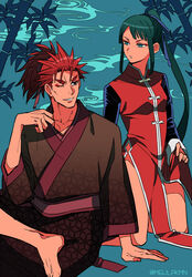  1boy arm_support artist_name bamboo barefoot breasts brown_kimono changpao chinese_clothes collar collarbone commentary_request cosplay costume_switch fate/grand_order fate_(series) female green_eyes green_hair high_ponytail japanese_clothes jing_ke_(fate) kimono kneeling li_shuwen_(fate) li_shuwen_(young)_(fate) long_hair long_sleeves looking_at_another medium_breasts meiji_ken one_eye_closed parted_lips red_hair sitting smile spiked_hair straight_hair 