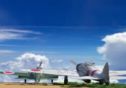  a6m_zero absurdres aircraft airplane cloud commentary day highres kantai_collection military military_vehicle propeller runway sky soranokakera01 taking_off vehicle_focus world_war_ii 