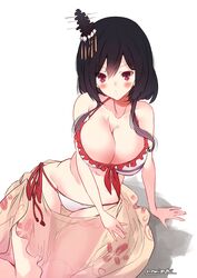  absurdres arm_support bikini black_hair breasts cleavage female frilled_bikini frills hair_ornament highres kantai_collection large_breasts looking_at_viewer momimaki one-hour_drawing_challenge red_eyes sarong short_hair simple_background sitting solo swimsuit white_background white_bikini yamashiro_(kancolle) yamashiro_(swimsuit_mode)_(kancolle) yokozuwari 