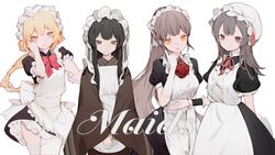  4girls apron ascot black_dress black_hair blonde_hair bow breasts brooch brown_eyes collared_dress commentary dress elbow_gloves english_text frilled_apron frilled_shirt_collar frills gloves green_eyes grey_eyes grey_hair hat japanese_clothes jewelry km2o4 light_brown_hair light_smile long_hair looking_at_viewer maid maid_apron maid_headdress medium_breasts mixed_maids mob_cap multiple_girls open_mouth original outstretched_hand puffy_short_sleeves puffy_sleeves red_ascot red_bow red_ribbon ribbon short_sleeves sidelocks simple_background small_breasts thighhighs wa_maid white_apron white_background white_gloves white_headdress white_headwear white_legwear yellow_eyes 