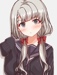  black_cardigan black_sailor_collar blush bow braid braided_bangs brown_eyes cardigan chestnut_mouth commentary_request female grey_background grey_hair hairbow hand_up head_tilt hisakawa_nagi idolmaster idolmaster_cinderella_girls idolmaster_cinderella_girls_starlight_stage long_hair long_sleeves looking_at_viewer low_twintails naruse_nagi parted_lips red_bow sailor_collar school_uniform serafuku shirt simple_background sleeves_past_fingers sleeves_past_wrists solo twintails upper_body white_shirt 