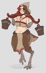  :/ annoyed arbuz_budesh bandana bandeau bare_shoulders belt belt_pouch bird_legs blunt_ends body_freckles body_fur breasts brown_bandana brown_bandeau brown_belt brown_eyes brown_hair brown_headwear brown_tube_top bucket carrying carrying_pole claws collarbone curvy digitigrade eyes_visible_through_hair female freckles frown full_body grey_background hair_over_one_eye half-harpy highres jewelry large_breasts looking_at_viewer medium_hair midriff monster_girl multicolored_hair multiple_necklaces navel necklace original parted_bangs pelvic_curtain pointy_ears pouch pout raised_eyebrow red_hair simple_background skindentation solo stomach strapless streaked_hair tail talons thick_thighs thighs tube_top two-tone_hair walking wide_hips wooden_bucket 