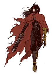  1boy black_hair clawed_gauntlets cloak covered_mouth final_fantasy final_fantasy_vii gun headband igusaharu leather long_hair looking_to_the_side male_focus pointed_footwear red_cloak red_headband revolver torn_clothes vincent_valentine weapon white_background 