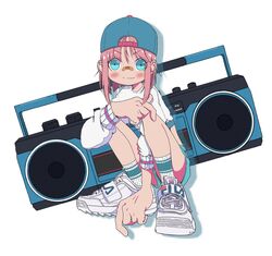  aqua_eyes aqua_shorts arm_between_legs backwards_hat bandaid bandaid_on_face bandaid_on_nose baseball_cap blue_hat blush boombox closed_mouth cropped_sweater drop_shadow female fila full_body hat highres long_sleeves looking_at_viewer medium_hair nao97122 original pink_hair ribbed_socks shoes short_shorts shorts simple_background smile sneakers socks solo squatting streetwear sweater white_background white_footwear white_socks white_sweater 