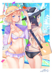  2girls 2gou absurdres artist_name ass back beach bikini bikini_skirt black_bikini black_eyes black_hair black_headwear blonde_hair blue_eyes blue_sky blush bob_cut border breasts brown_headwear carrying chinese_commentary cleavage closed_mouth cloud cloudy_sky confetti crotch_seam dated day eating english_commentary food frilled_bikini frills from_behind hand_on_own_chest hat hat_ribbon highleg highleg_bikini highres holding holding_food light_frown looking_at_viewer maribel_hearn medium_breasts mixed-language_commentary multiple_girls navel outdoors outside_border popsicle purple_bikini ribbon short_hair side-tie_bikini_bottom signature sky standing string_bikini summer sun_hat swimsuit swimsuit_cover-up touhou usami_renko white_border 