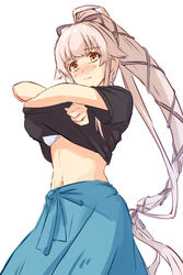  bikini bikini_under_clothes black_shirt blue_sarong brown_eyes closed_mouth clothes_lift commentary_request cowboy_shot female grey_hair hair_flaps highres kantai_collection long_hair looking_at_viewer navel official_alternate_costume one-hour_drawing_challenge ponytail sarong shirt shirt_lift simple_background solo standing stomach swimsuit umegae_ousuke undressing very_long_hair wavy_mouth white_background white_bikini yura_(kancolle) 