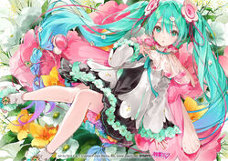  aqua_eyes aqua_flower aqua_hair blue_hair braid cloak commentary crypton_future_media dress_flower dsmile female flower flower_underskirt footwear_flower gradient_hair hair_between_eyes hair_flower hair_ornament hand_on_own_chest hatsune_miku long_hair long_sleeves looking_at_viewer magical_mirai_(vocaloid) magical_mirai_miku magical_mirai_miku_(2021) multicolored_hair official_art parted_lips purple_hair ribbon shoes sleeves_past_wrists socks solo twintails very_long_hair vocaloid white_flower yellow_flower 