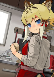  :3 absurdres animal_ear_fluff animal_ears apron backlighting blonde_hair blue_eyes blush bow cabinet closed_mouth coffee_pot collared_shirt cooking counter dutch_angle extra_ears eyebrows eyelashes eyes_visible_through_hair faucet female food from_behind from_side frying_pan hairbow hand_up highres holding holding_food indoors jitome kemono_friends kitchen long_sleeves looking_at_viewer looking_back looking_to_the_side multicolored_hair nose_blush potato red_apron red_bow rinx shirt short_hair sidelocks sink sleeves_rolled_up smile smilodon_(kemono_friends) solo standing swept_bangs tail tiger_ears tiger_girl tiger_tail tiles two-tone_hair upper_body wall white_shirt window 