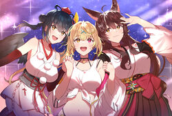  3girls :d ahoge animal_ears bare_shoulders black_choker black_hair blonde_hair breasts brown_hair choker commentary detached_sleeves double_bun fox_ears fox_girl fumi_(1st_costume)_(nijisanji) fumi_(nijisanji) hair_between_eyes hair_bun hair_ornament hair_ribbon hat heterochromia highres hip_vent hoshikawa_sara hoshikawa_sara_(1st_costume) japanese_clothes kimono koori_(superumaice) large_breasts long_hair long_sleeves looking_at_viewer multiple_girls navel nijisanji obi open_mouth orihimeboshi_(nijisanji) pom_pom_(clothes) red_eyes ribbon sash shirt side_ponytail smile star_(sky) stomach tank_top tied_shirt tokin_hat very_long_hair virtual_youtuber white_kimono white_tank_top x_hair_ornament yamagami_karuta yamagami_karuta_(1st_costume) yellow_eyes 