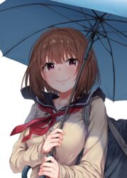  absurdres ahoge bag blue_bag blue_sailor_collar blush breasts brown_cardigan brown_hair cardigan closed_mouth collarbone eyelashes fantia_reward female floating hair_between_eyes highres holding holding_umbrella jack_dempa long_sleeves looking_at_viewer medium_breasts neckerchief original paid_reward purple_eyes sailor_collar school_bag school_uniform serafuku shirt short_hair shoulder_bag simple_background smile solo umbrella upper_body white_background white_shirt wind 