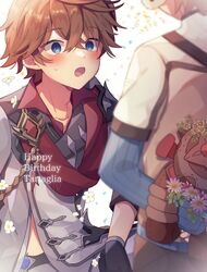  2boys :o arms_behind_back birthday black_gloves blue_eyes blurry blurry_foreground blush character_name commentary_request crossed_bangs flower genshin_impact gloves hair_between_eyes happy_birthday highres jacket multiple_boys open_mouth orange_hair pants petals red_scarf ruin_guard_(genshin_impact) scarf shirase_(shirose) simple_background stuffed_toy sweat tartaglia_(genshin_impact) teucer_(genshin_impact) white_background 