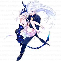  1boy black_sclera blue_eyes ciel_(elsword) colored_sclera dress ejami elsword female gloves high_heels horns long_hair looking_at_viewer luciela_r._sourcream open_mouth panties sample_watermark simple_background single_glove smile underwear watermark white_background white_hair 