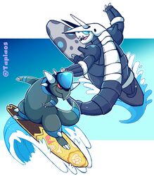  absurdres aggron blue_eyes fangs gameplay_mechanics highres long_tail no_humans pokemon pokemon_(creature) rampardos red_eyes skin_fangs surf_(pokemon) surfboard surfing tail taplaos twitter_username water 