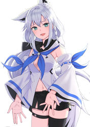  animal_ear_fluff animal_ears black_bow black_shorts black_thighhighs blue_neckerchief blush bow braid breasts commentary_request detached_sleeves extra_ears female fox_ears fox_girl fox_tail green_eyes hair_between_eyes hairbow highres hololive hood hoodie long_hair looking_at_viewer midriff navel neckerchief nemurimangetsu open_mouth shirakami_fubuki shirakami_fubuki_(1st_costume) short_shorts shorts sidelocks simple_background single_braid single_thighhigh small_breasts smile solo tail thigh_strap thighhighs virtual_youtuber white_background white_hair white_hoodie 