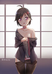  :o ahoge arusuko black_hair black_pantyhose blush breasts cleavage collarbone commentary dated_commentary female flower hair_flower hair_ornament hands_up highres hondoumachi_koharu id_:invaded indoors necktie panties pantyhose photoshop_(medium) pink_eyes short_hair small_breasts solo standing striped_clothes striped_panties twitter_username underwear undressing unworn_necktie 