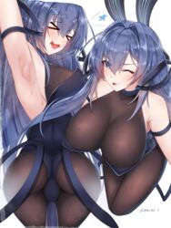  &gt;_&lt; :3 absurdres aisuxice animal_ears armpits ass azur_lane bad_multiple_views bare_shoulders between_thighs black_leotard black_pantyhose blue_eyes blue_hair blush breasts cleavage fake_animal_ears female hair_intakes highres large_breasts leotard long_hair multiple_views new_jersey_(azur_lane) new_jersey_(exhilarating_steps!)_(azur_lane) official_alternate_costume one_eye_closed pantyhose playboy_bunny pole see-through see-through_cleavage signature star_(symbol) tongue tongue_out very_long_hair 