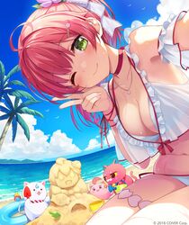  35p_(sakura_miko) ahoge alternate_costume amagai_tarou arm_garter armpits bare_shoulders beach bikini bow breasts choker cleavage closed_mouth commentary_request day female green_eyes hairbow halterneck hand_up highres hololive jewelry kintoki_(sakura_miko) long_hair looking_at_viewer maguchi_(sakura_miko) medium_breasts navel necklace official_art one_eye_closed outdoors outstretched_arm pink_hair ponytail red_choker sakura_miko sand_sculpture see-through side-tie_bikini_bottom sitting smile solo stomach string_bikini sunlight swimsuit thighs v virtual_youtuber wet white_bikini 