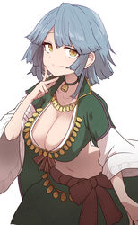  bad_id bad_twitter_id baphomet_(megido72) bell bow breasts brown_bow choker cleavage closed_mouth collar collarbone crop_top female green_shirt jewelry large_breasts leaning_forward long_sleeves looking_at_viewer megido72 midriff navel neck_bell necklace shirt short_hair sidelocks simple_background smile smirk solo sumiyao_(amam) v white_background wide_sleeves wing_collar yellow_eyes 