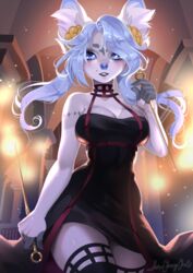  2022 5_fingers anthro blue_eyes blue_hair breasts canid canine claws clothed clothing cosplay digital_media_(artwork) female fingers hair hi_res looking_at_viewer mammal smile solo sorafoxyteils spy_x_family standing yor_forger 