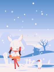  brown_hair chibi closed_eyes closed_mouth cobalta commentary creature_and_personification female head_wings highres japanese_crested_ibis_(kemono_friends) kemono_friends multicolored_hair pantyhose red_hair red_pantyhose sidelocks smile snow snowing solo white_hair wings 