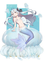  :d absurdres ahoge air_bubble animal arm_support black_bow blue_background blue_hair bow bubble collarbone commentary_request female flat_chest floating floating_hair full_body grey_eyes groin hair_between_eyes hair_ornament hairbow highres holding holding_animal jellyfish jiliang_jiying_yumao long_hair looking_at_viewer mermaid midriff monster_girl muri_(virtuareal) navel nijisanji open_mouth oversized_animal scales shell shell_bikini sidelocks sitting_on_animal smile solo_focus two-tone_background virtual_youtuber virtuareal white_background x_hair_ornament 