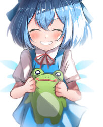  absurdres aoyama_tenchou blue_dress blue_hair cirno closed_eyes collared_shirt commentary dress facing_viewer female frog grin happy highres holding ice ice_wings pinafore_dress ribbon shirt short_hair short_sleeves simple_background sleeveless sleeveless_dress smile solo touhou upper_body white_background white_shirt wings 