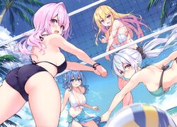  4girls absurdres ass bare_shoulders beach_volleyball bikini blonde_hair blue_eyes blue_hair blue_sky blush bracelet breasts cleavage cloud cu-no day hair_ornament hair_scrunchie hairclip hakurei_botan halterneck highres hisen_kaede jewelry kohitsuji_ai long_hair looking_at_viewer looking_back medium_breasts multiple_girls navel necklace open_mouth outdoors palm_leaf palm_tree pink_hair ponytail purple_eyes rapua_qive sarong scan scrunchie simple_background sky smile stomach swimsuit thighs tree volleyball_net white_background yayoi_sakura yellow_eyes 