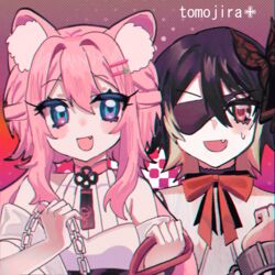  2girls 3di_project alicia_cotton animal_ear_fluff animal_ears artist_name blue_eyes bow bowtie butterfly_hair_ornament cat_ears cat_girl celene_(3di) eyepatch hair_ornament multicolored_hair multiple_girls oerba_yun_fang open_mouth osiimi_(style) pink_hair red_eyes sweatdrop tomojiraplus two-tone_hair virtual_youtuber 