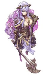  absurdres armor armored_dress axe black_armor black_capelet black_panties breasts camilla_(fire_emblem) capelet cleavage female fire_emblem fire_emblem_fates from_above gloves grey_background hair_ornament hair_over_one_eye hand_on_own_hip highres holding holding_axe holding_weapon large_breasts lips long_hair looking_at_viewer one_eye_covered panties pelvic_curtain purple_eyes purple_gloves purple_hair sidelocks simple_background solo standing subakeye tiara underwear very_long_hair wavy_hair weapon 