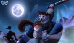  absurd_res action_pose anthro armor ayasakiace canid canine canis claws clothed clothing composition death decapitation detailed_background digital_media_(artwork) domestic_dog fight fingers fur hair hi_res holding_object holding_weapon husky male mammal melee_weapon monster moon night nordic_sled_dog open_mouth outside perspective pose rendered rune_(shelter) severed_body_part severed_head shaded shelter_vn slashing solo spitz splash_art star sword teeth weapon 