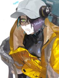  arknights asbestos_(arknights) baseball_cap eyepatch female frischenq green_eyes hair_over_one_eye hat headphones headphones_over_headwear jacket purple_hair saliva sharp_teeth solo teeth yellow_jacket 