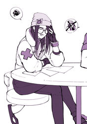  animification beanie closed_eyes crossed_legs ear_piercing female glasses hair_behind_ear hat highres killjoy_(valorant) monochrome out_of_frame paper piercing round_eyewear senpi sitting solo_focus speech_bubble spoken_squiggle squiggle table valorant 