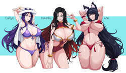  3girls ahri_(league_of_legends) animal_ear_fluff animal_ears arm_strap arms_behind_head bikini black_hair bracelet breasts caitlyn_(league_of_legends) character_name cleavage covered_navel cropped_legs eyewear_on_headwear fox_ears gradient_hair hat hella_p huge_breasts jewelry katarina_(league_of_legends) large_breasts league_of_legends leaning_forward long_hair looking_down low-tied_long_hair micro_bikini multicolored_hair multiple_girls navel one-piece_swimsuit pool_party_caitlyn purple_bikini purple_eyes purple_hair red_bikini red_hair scar scar_across_eye scar_on_face sunglasses swimsuit underboob v very_long_hair white_headwear yellow_eyes 