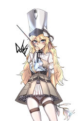  absurdres arm_behind_back artist_name blonde_hair blush breasts brown_dress closed_mouth commission dogs_(dlrkdejr26) dress feet_out_of_frame female flower girls&#039;_frontline grey_eyes gun hair_ribbon handgun hat highres holding holding_flower holding_wand kolibri kolibri_(girls&#039;_frontline) korean_commentary long_hair long_sleeves looking_at_viewer pantyhose ribbon small_breasts solo standing wand weapon white_background white_hat white_pantyhose 