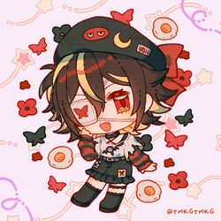  3di_project boots bug butterfly celene_(3di) chibi choker chuunibyou eyepatch female hair_ornament hat highres medical_eyepatch messy_hair miniskirt multicolored_hair red_eyes skirt solo tmkgtmkg torn_clothes twitter_username virtual_youtuber 