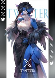  2023 absurd_res anthro avian bird black_body black_feathers black_hair blue_body blue_eyes blue_feathers breasts claws clothed clothing dress english_text feathers female finger_claws hair hi_res looking_at_viewer meme nonoka917 simple_background solo tattoo text tweetfur twitter twitter_bird x_(social_media) x_corporation 