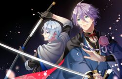  2boys black_gloves blue_eyes cape commentary_request flower gloves japanese_clothes kasen_kanesada katana male_focus multiple_boys petals purple_hair rei_(usabiba) sheath sleeves_rolled_up smile sword touken_ranbu unsheathing weapon white_hair yamanbagiri_chougi 