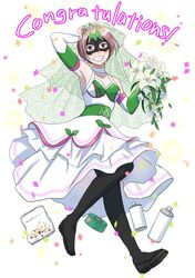  armpits boots bouquet bridal_veil brown_eyes brown_hair commentary confetti dress female flower grin heco_(rina) highres hyper_misao mask smile snack solo tape thigh_boots thighhighs tokyo_joshi_pro_wrestling veil 