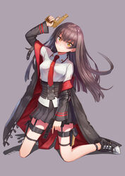  absurdres arm_up black_coat black_corset black_footwear black_skirt blush breasts brown_eyes brown_hair closed_mouth coat corset cz_75 female full_body girls&#039;_frontline grey_background gun handgun hebai_xiaochuan highres holding holding_gun holding_weapon holstered kneeling long_hair long_sleeves looking_at_viewer medium_breasts necktie nz75_(girls&#039;_frontline) open_clothes open_coat red_necktie shirt skirt solo weapon white_shirt 