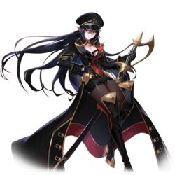  artist_request avencia black_hair boots breasts cleavage elf female gloves hair_between_eyes hat high_heel_boots high_heels holding holding_sword holding_weapon large_breasts long_hair long_sleeves looking_at_viewer official_art pantyhose pointy_ears red_eyes scar scar_on_face sheath sheathed shorts solo sword thigh_boots thighhighs transparent_background valkyrie_connect very_long_hair weapon 