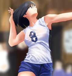  absurdres armpits bad_id bad_pixiv_id black_hair blurry blurry_background breasts brown_eyes cowboy_shot female from_side hateri highres looking_to_the_side original short_hair small_breasts solo sportswear volleyball volleyball_uniform 