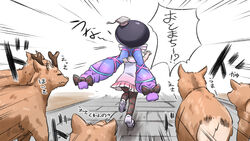  animal beret black_bow black_headwear black_legwear blue_dress blue_hair bow chasing deer dress eel_hat gradient_dress gradient_hair hairbow hat highres long_hair low_twintails multicolored_hair neon-tetora otomachi_una pantyhose pink_dress purple_hair sailor_collar sailor_dress shoe_soles shoes sleeveless sleeveless_dress talkex translated twintails very_long_hair vocaloid white_background white_footwear white_sailor_collar 