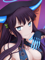  bare_shoulders black_dress black_gloves black_headwear blue_eyes blush breasts center_opening cleavage closed_mouth dress elbow_gloves fate/grand_order fate_(series) female gloves hair_ornament halo hasebe_akira large_breasts leaf_hair_ornament long_hair looking_at_viewer purple_background purple_hair smile solo very_long_hair yang_guifei_(fate) 