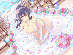  ass beach breasts bridal_gauntlets bridal_lingerie cleavage collarbone day dress dutch_angle female fingernails flower glasses high_heels highres large_breasts lectern lingerie looking_at_viewer mole mole_on_breast nail_polish ocean official_art outdoors petals ponytail purple_hair red_eyes rin_(senran_kagura) sand seiza semi-rimless_eyewear senran_kagura senran_kagura_new_link short_hair sitting smile solo swimsuit third-party_source under-rim_eyewear underwear water wedding wedding_dress white_dress white_footwear yaegashi_nan 